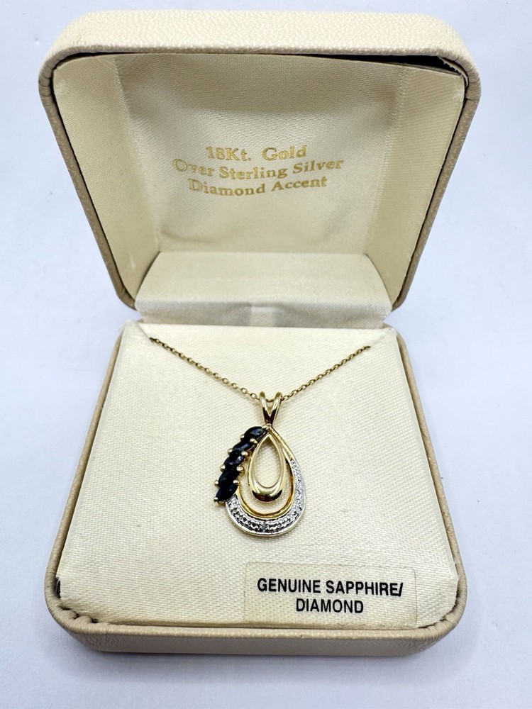 Vintage Sapphire Diamond Necklace 18” Sterling Silver 18k Gold Plated-Unused