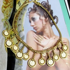 VTG Runway Rare Etruscan MONET Bib Necklace Dangle Sliding Charm White Enamel GP
