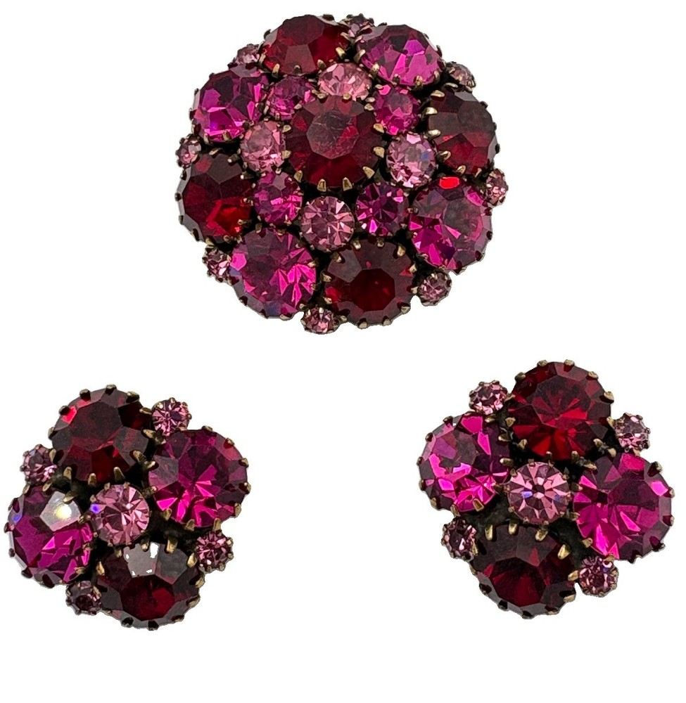 Vintage Signed WEISS Rhinestone Brooch Earrings Fuchsia Red Pink