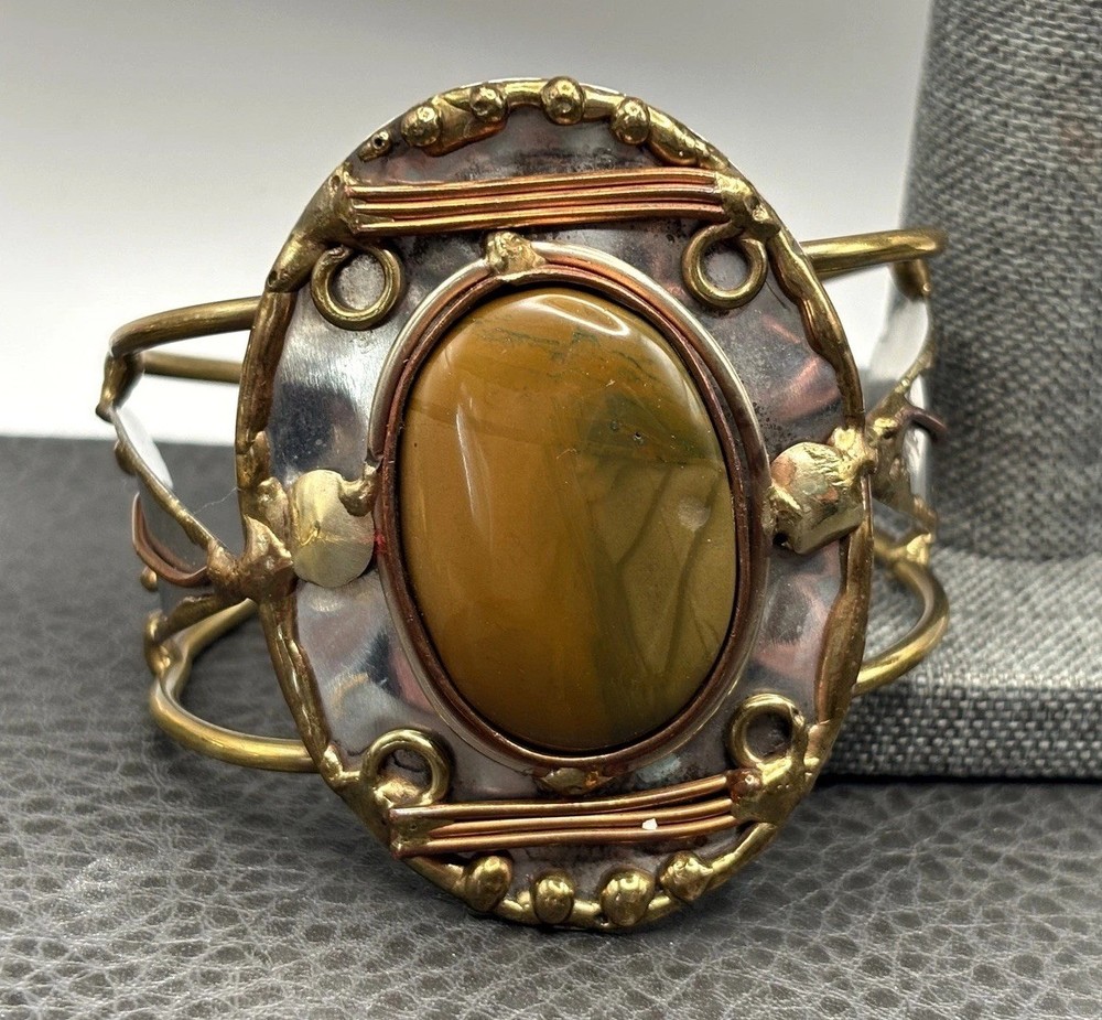 Vintage Mixed Metal Huge Stone Cuff Bracelet 7.5″ Gold Tone