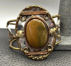 Vintage Mixed Metal Huge Stone Cuff Bracelet 7.5″ Gold Tone