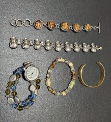 Vintage Bracelet Lot Of 5, Pewter Snowmen, Resin & Metal, Glass Bead Wristwatch
