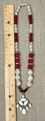 Handmade Red & Clear Crackle Glass Bead Necklace Acrylic Pendant Magnetic Clasp