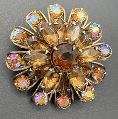 Vintage Brown & Amber Rhinestone Floral Brooch w/ Aurora Borealis AB Crystals