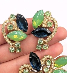 Verified Juliana Green Opal Blue Rhinestone Brooch Clip Earrings Set *Modified*