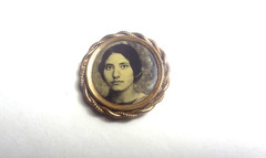 c1890’s ANTIQUE MOURNING PIN with CLASSIC CELLULOID PHOTO in ORNATE BRASS & GOLD