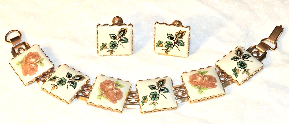 Vintage Ceramic Set Bracelet and Earrings with Flowered Tiles