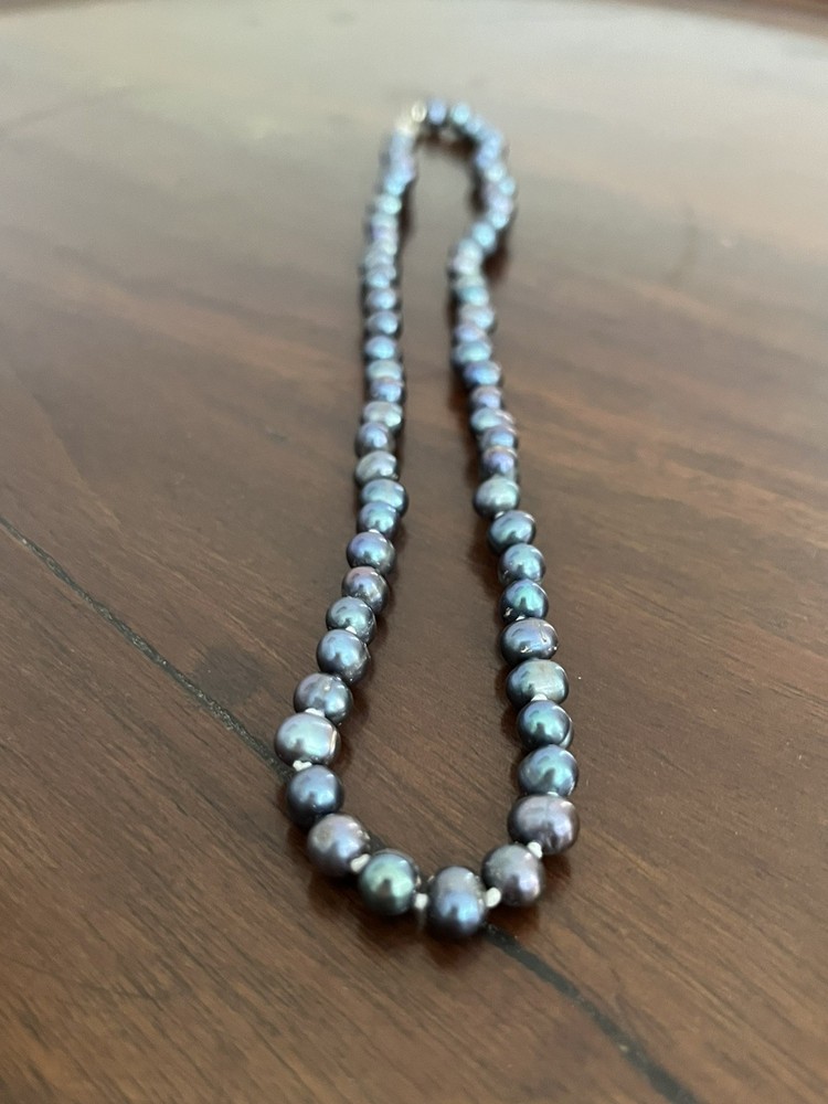 Freshwater Pearl Necklace 16″ Hand Knotted Peacock Iridescent 925 Clasp