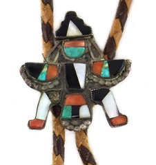 Zuni Multi-Stone Inlay, Silver, and Leather Knifewing God Bolo Tie c. 1940s