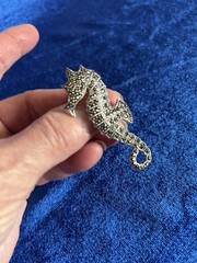 Vintage Sterling Silver Marcasite Seahorse Pendant Brooch Nice Old One