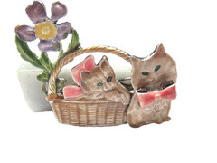 CATS KITTENS IN A BASKET W FLOWER ENAMEL BROOCH VINTAGE PIN SIGNED KC