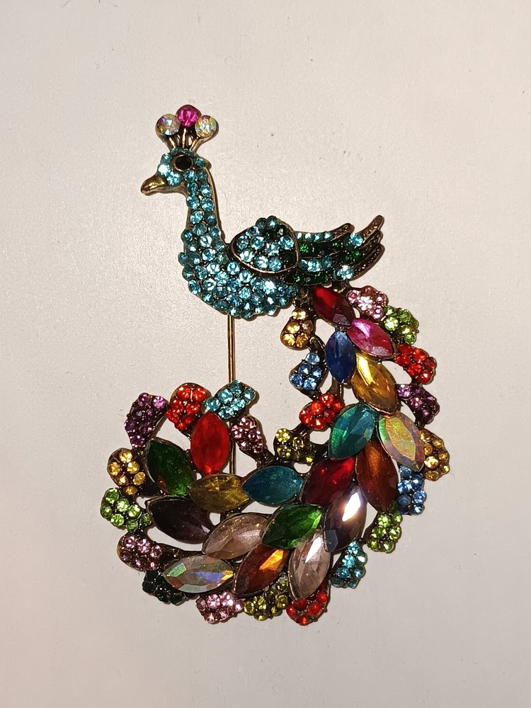 Multicolor Rainbow Rhinestone Peacock Brooch