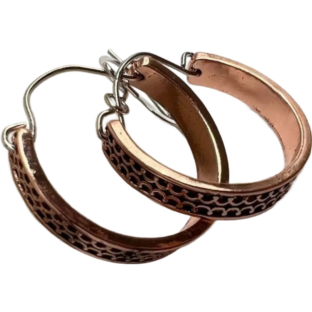 Vintage Half Round Hand Carved Pattern Earrings Ancient Red Copper