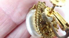 Miriam Haskell Earrings Baroque Faux Pearl Gilded Floral Clip-On Vintage 2400513