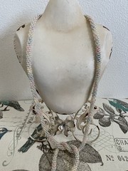 Vintage Long Pastel Art Deco Beaded Lariat Necklace Iridescent Blue Pink Flapper