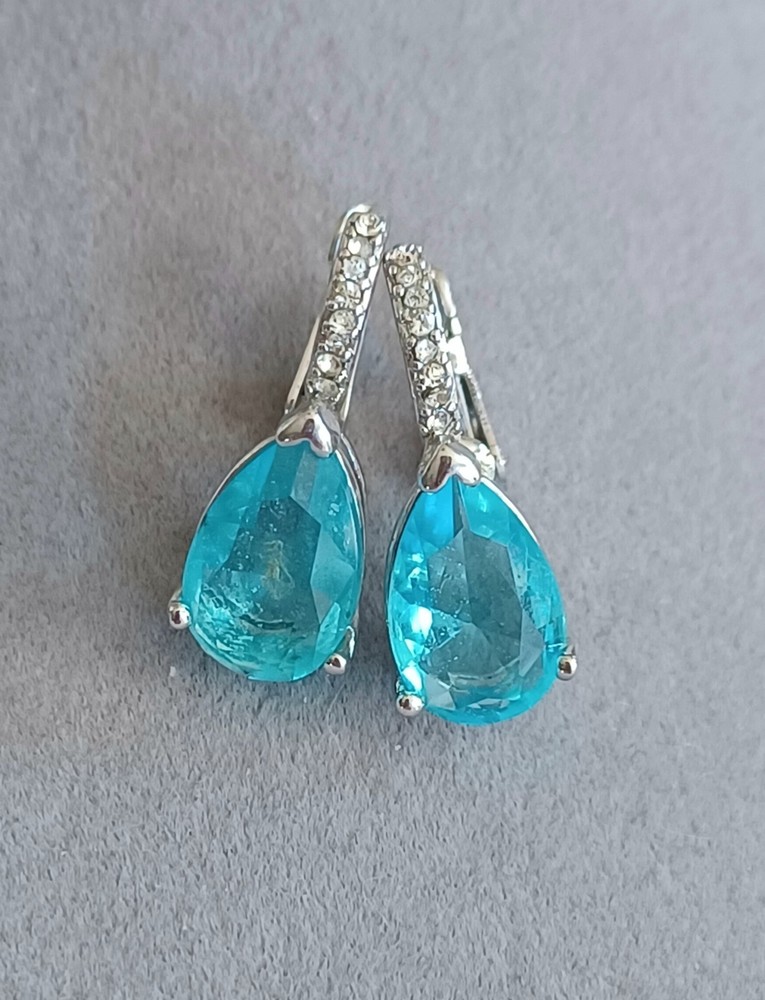 Vintage Blue Topaz Crystal Silvertone Leverback Earrings
