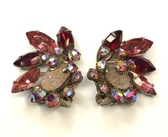 Vintage Pink Lava Glass Cabochon Red Pink and AB Rhinestone Clip On Earrings