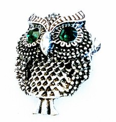RHINESTONE OWL BROOCH!Wise Figural Animal Bird Motif Pin.Green Rhinestone Eyes.