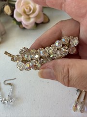 Vintage JULIANA D&E Clear AB Bead Gold Tone Cha Cha Leaf Pin Brooch + 2 Earrings