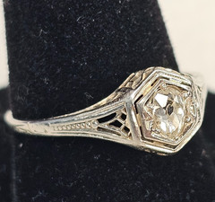 Antique Belais 18K White Gold Art Deco Ring Elongated Old Mine Cut Diamond