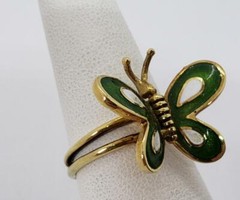 14k Yellow Gold White Green Enamel Butterfly Ring Vintage Size 6.5 R190
