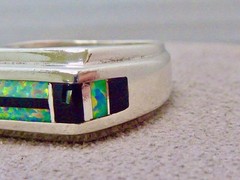 VINTAGE STERLING SILBER ONYX OPAL BAND RING SIZE 8.5 MAN MADE OPAL RING