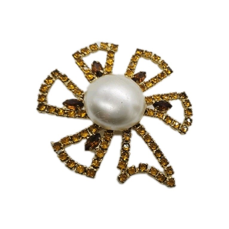 Flower Brooch Brown Crystal Faux Pearl Center Gold tone Large 2.5 in