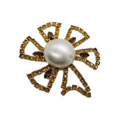 Flower Brooch Brown Crystal Faux Pearl Center Gold tone Large 2.5 in