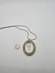 Vintage Warner Intaglio Glass Cameo Brooch Pendant Gold Tone Filigree w/ 23″…