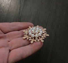 Vintage Gold Tone Clear & AB Rhinestone Faux Pearl Snowflake Domed Brooch Pin