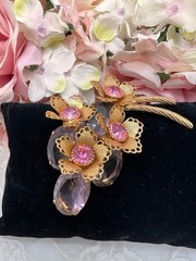Vintage Pin Lavender Pink Crystals Gold Plated Flower Pin Bouquet of Flowers 3″