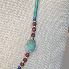 Vintage Egyptian Revival Necklace With Teal Scarab Beads & Red Gold Glass boho