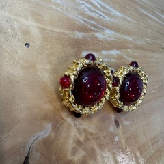 Vintage Ruby Red Glass Cabochon Gold Tone Ornate Statement Stud Earrings
