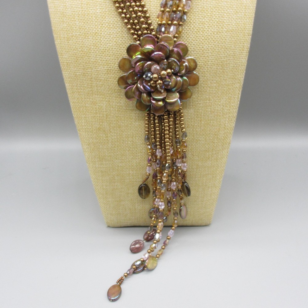 Joan Rivers Starlet Necklace Beaded Browns Flower Dangles Bold Statement
