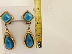Vintage Artisan Gold Plated with Blue Ceramic Pottery Teardrop Clip On Earrings