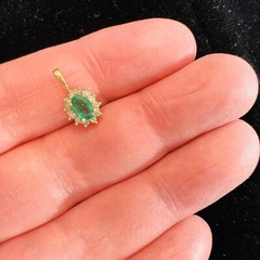 Solid 14k Yellow Gold Natural Emerald & Diamonds Pendant .6ct & .22ct .75gr 14mm