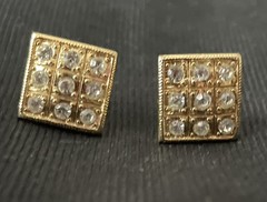 Classic TRIFARI Gold Plated Pierced Earrings Square With Rhinestones .5 Inches