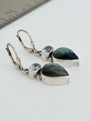 Vintage Sterling Silver Blue Topaz Labradorite Drop Dangle Lever-back Earrings