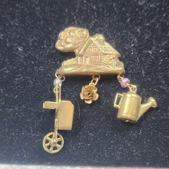 Vintage Cottage Garden Brooch with Wheelbarrow Rose Watering Can Charms
