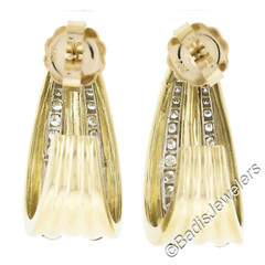 Two Tone Gold 1.35ctw Pave Set Round Diamond Large Grooved Cuff Earrings