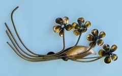 Vintage Floral Spray Brooch Pin Copper Brass Tone Faux Pearl Mid-Century Style
