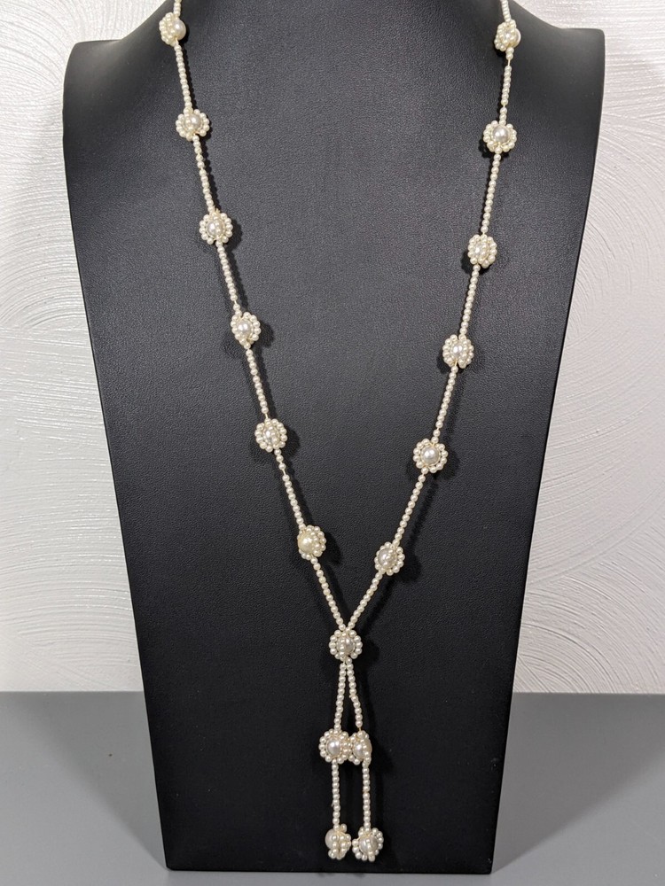 Vintage Faux Pearl Round Bead Tassel Necklace White Cream 28 in