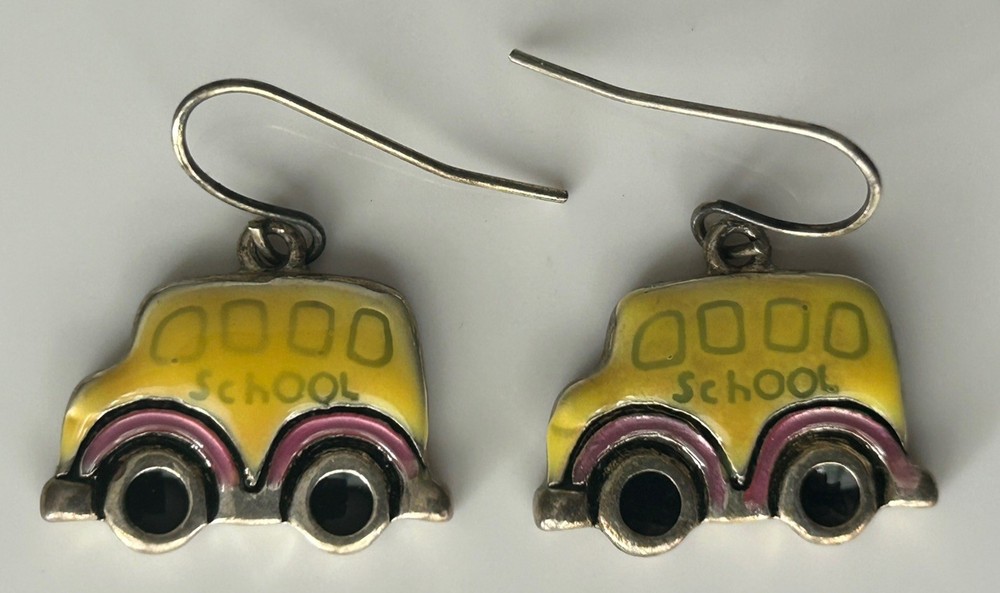 Vintage School Bus Earrings Yellow Enamel Teacher Gift Bus Driver Dangle Retro
