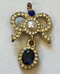 Gold-toned Pendant, Bow Design with Clear Crystals, Faux Pearl & Blue Gemstone.