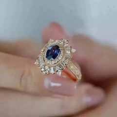 Art Deco Style Oval Sapphire Lab Created Diamond 14K Yellow Gold FN Wedding Ring