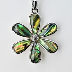 LIA SOPHIA Original Vintage Signed Abalone Flower Lily Pendant Silver Necklace