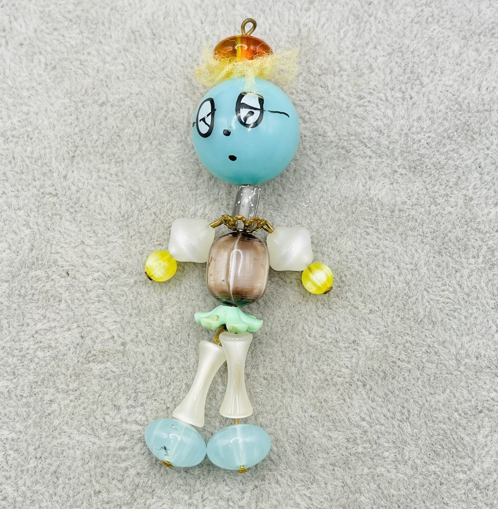 Vintage Articulated Bead Doll Pendant Moonglow Lucite Folk Art Charm Whimsical
