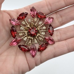 Vintage Brooch Red Pink Magenta Marquise Rhinestone Starburst Filigree Pin 2.5″