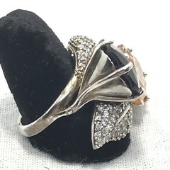 Vintage 925 Sterling Onyx Orange – Clear Cubic Zirconia Pave Design Ring 8.5