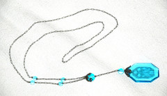 Art Deco Czech Pendant Necklace Floral Intaglio Carved Etched Blue Camphor Glass